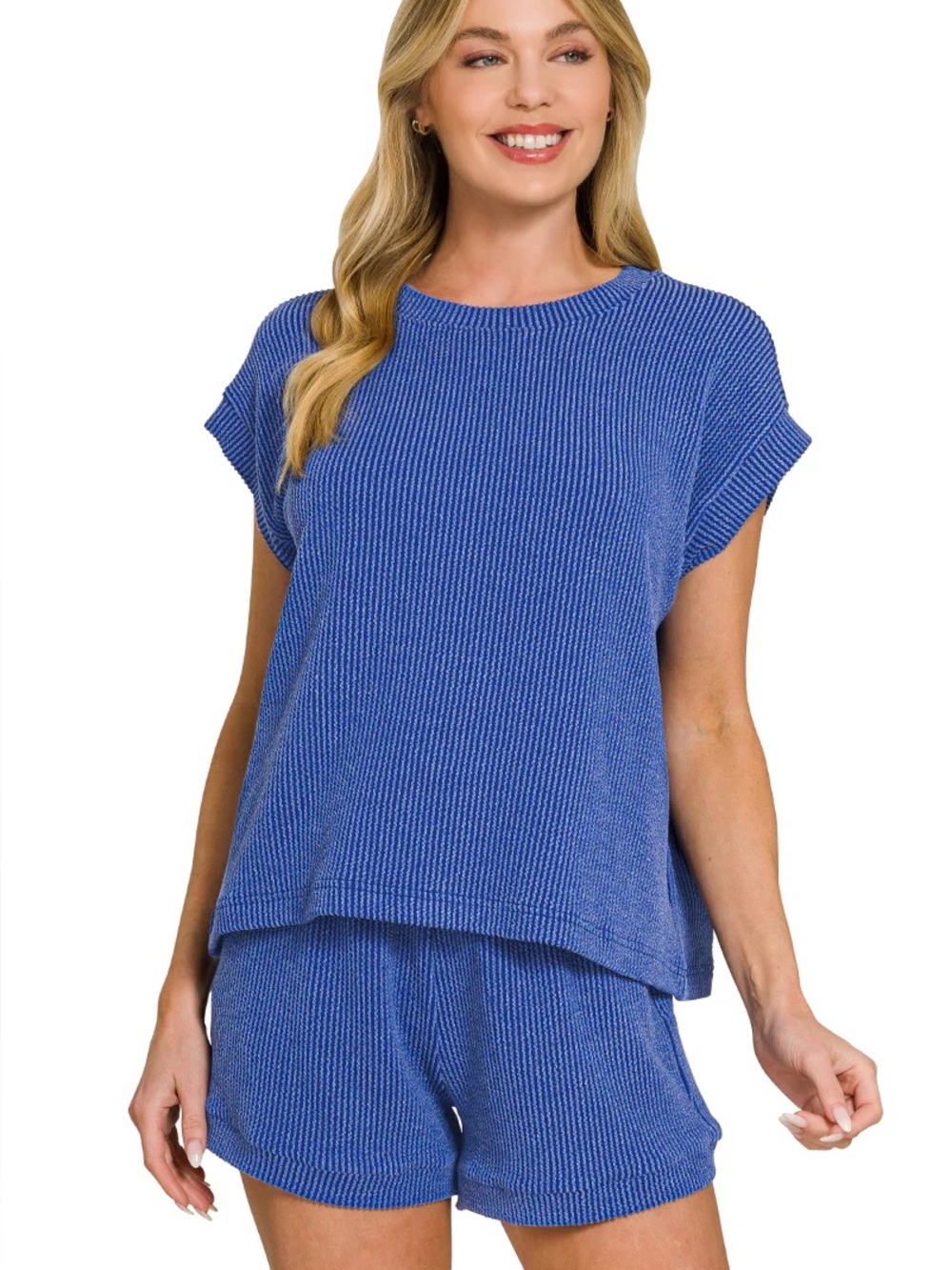 Zenana Ribbed Cap Sleeve shirt & shorts set Royal Blue NIB